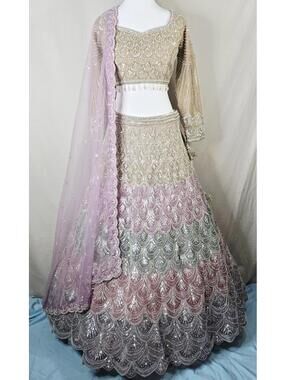 Size 13 Ombre Lavender Silver Embroidered Sequin Lehenga Choli Set 3pc Skirt...